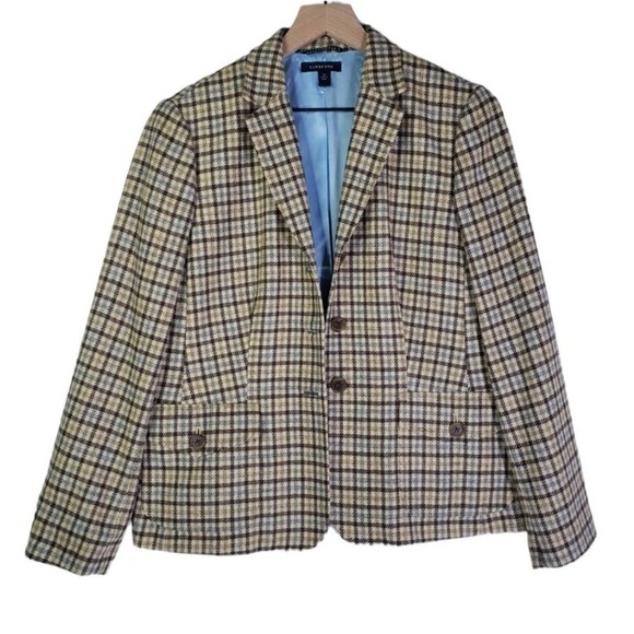 Lands' End Wool Blend Plaid Blazer Women's 14P Tan Beige‎ Blue - Picture 1 of 11